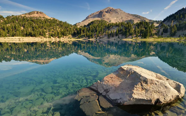 HD wallpaper of a serene mountain landscape reflected in a crystal-clear lake with a prominent rock in the foreground.