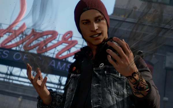 HD PC wallpaper from the video game inFAMOUS: Second Son, featuring the protagonist with a beanie and tattoos, set against an urban backdrop.
