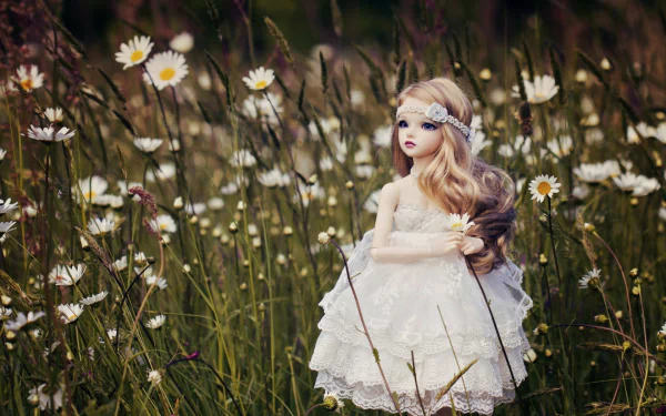 A beautifully crafted doll in a delicate white dress stands amidst a field of daisies, creating a serene and enchanting scene for a HD PC desktop wallpaper.