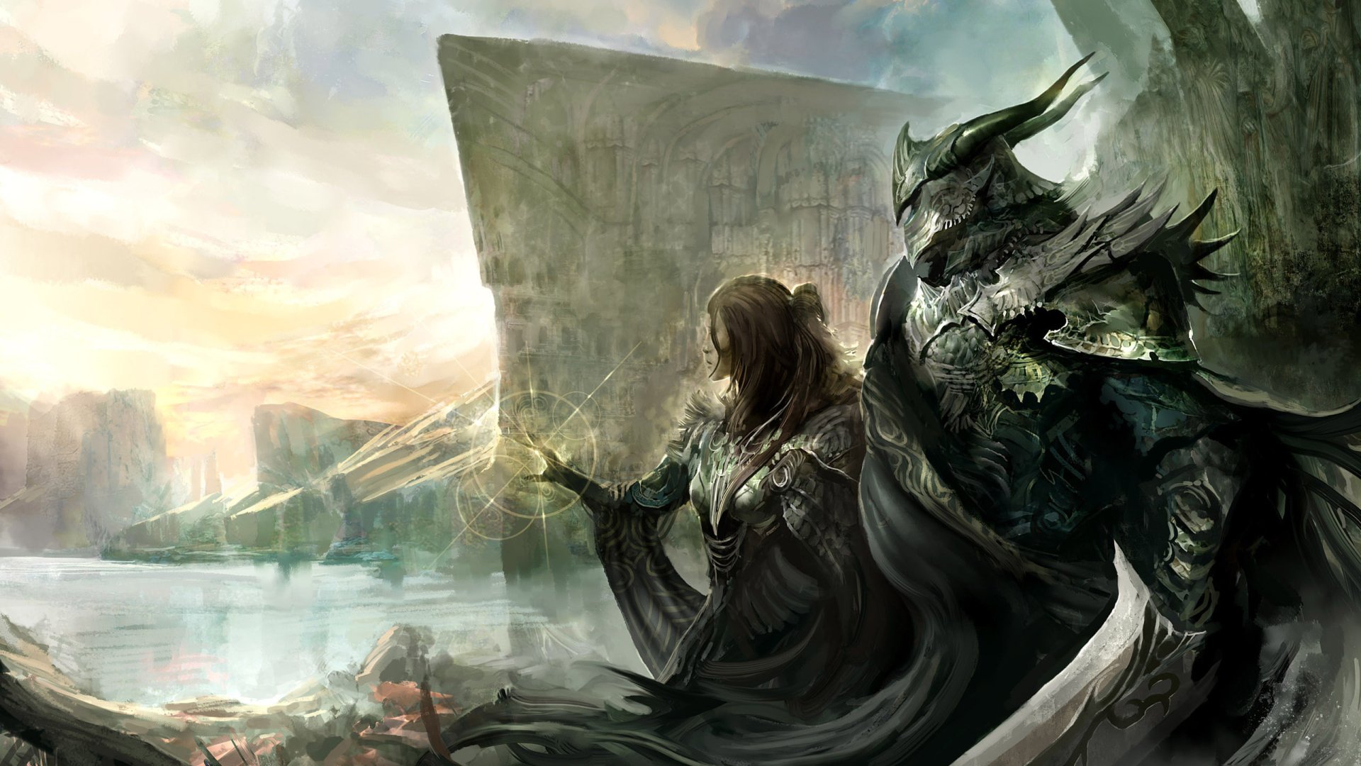 HD fantasy warrior desktop wallpaper depicting two armored warriors, one with a horned helmet, overlooking a misty, ruined battlefield under a dramatic sky.
