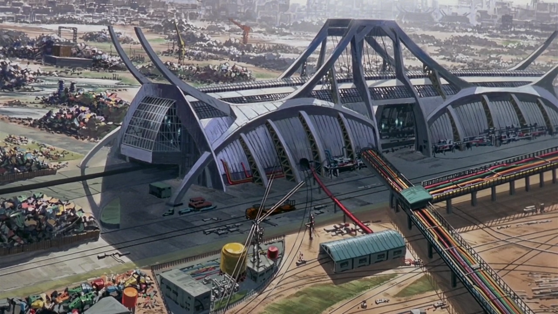 HD PC desktop wallpaper featuring a detailed anime scene from Royal Space Force: The Wings of Honneamise, showcasing a futuristic industrial complex with intricate structures.