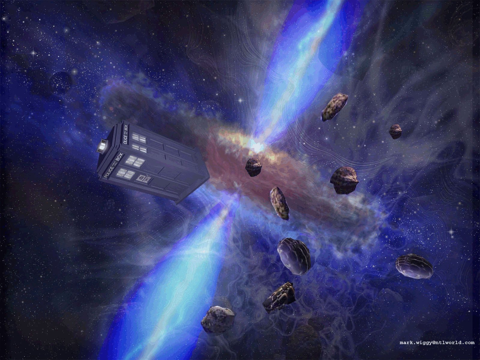 HD PC desktop wallpaper: Doctor Who (2005) TV show TARDIS streaking through a blue nebula, dodging asteroids against a starry cosmic backdrop.