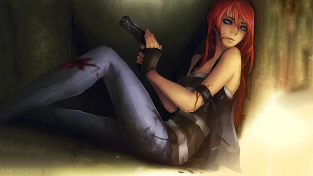 A powerful woman warrior with striking red hair sits confidently, holding a gun in an intense fantasy backdrop. This HD image serves as a vivid desktop wallpaper and background.