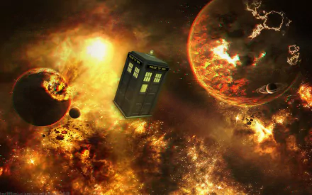 A vibrant HD desktop wallpaper featuring the TARDIS from the TV show Doctor Who (2005) set against a dramatic cosmic backdrop with planets and fiery explosions.