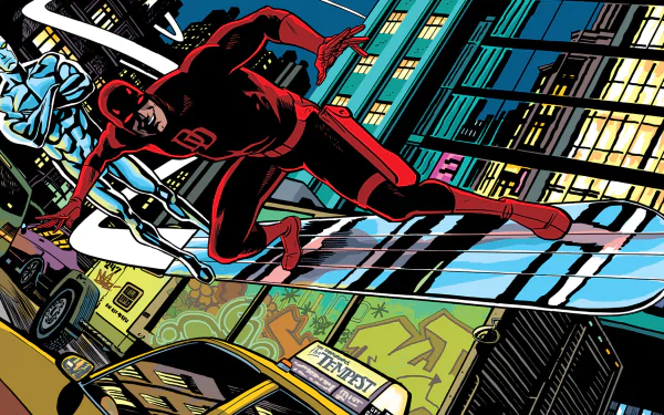 Daredevil, also known as Matt Murdock, rides the Silver Surfer's board through a vibrant cityscape, blending action and comic artistry in this dynamic HD background.