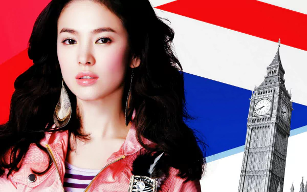 A striking HD wallpaper featuring Korean actress Song Hye Kyo, showcasing her beauty against a vibrant backdrop with iconic elements like Big Ben and bold colors.