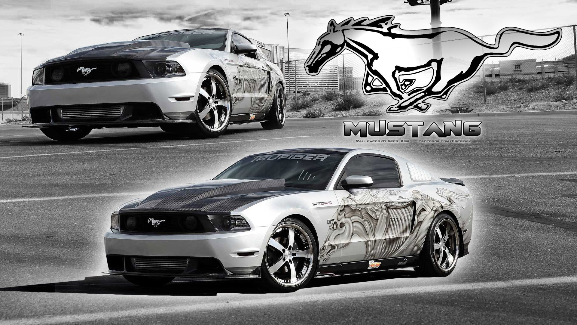 HD wallpaper shows two tuned Ford Mustangs with custom paintwork. One car is prominently displayed in the foreground, and one in the background. A large Mustang logo is featured at the top right.