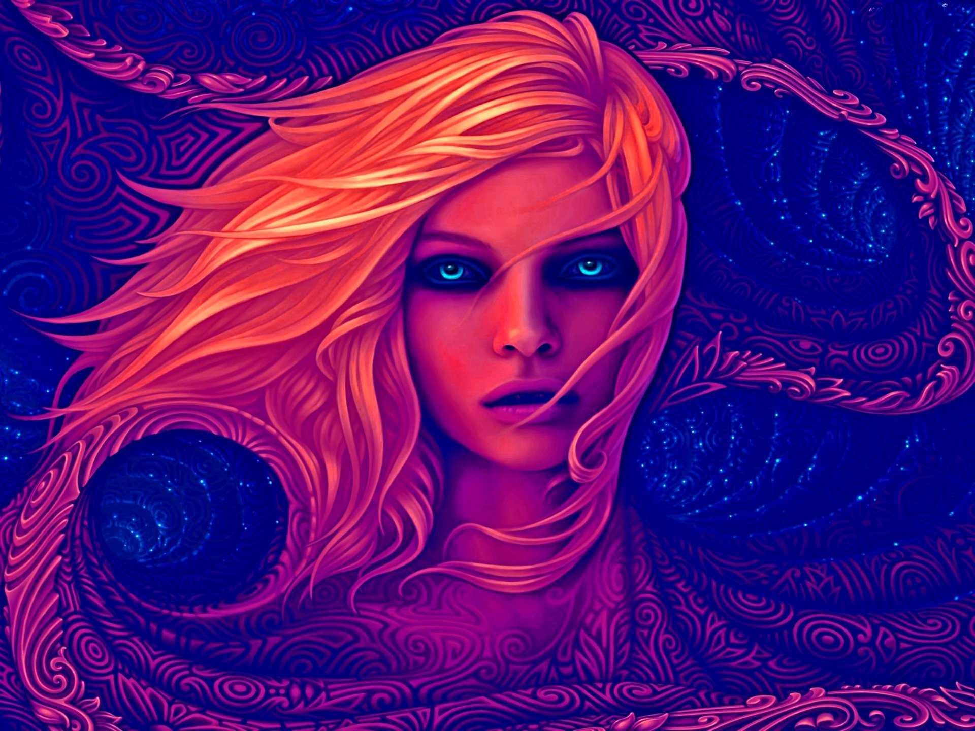 A captivating HD desktop wallpaper featuring an artistic portrayal of a woman with vibrant hair and striking blue eyes, set against a mesmerizing abstract background.