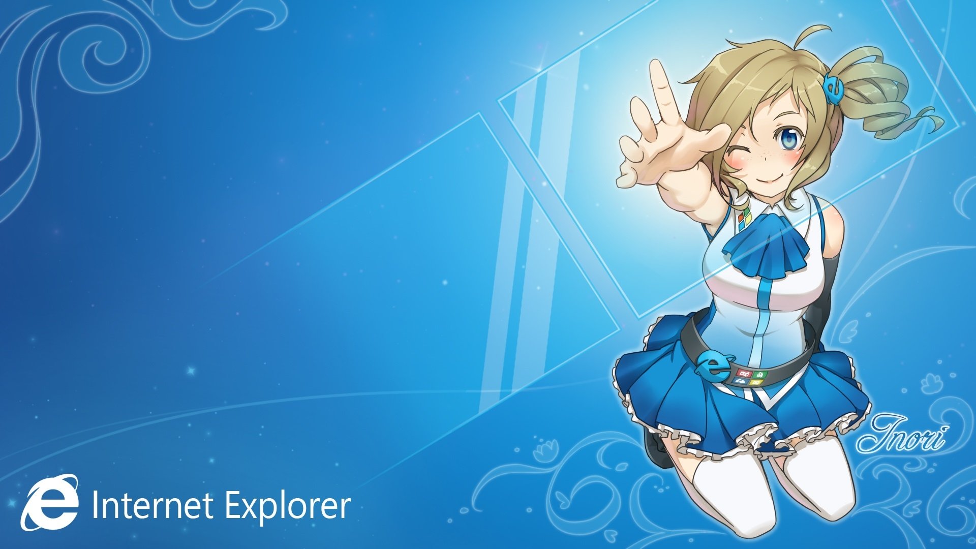 HD PC desktop wallpaper of Inori Aizawa (OS-tan) by zirong — anime girl in a blue sailor outfit reaching out over a stylized Internet Explorer–themed background.