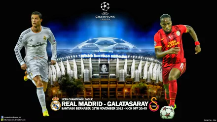 HD UEFA Champions League wallpaper featuring Real Madrid and Galatasaray players with Santiago Bernabéu Stadium illuminated in the background.