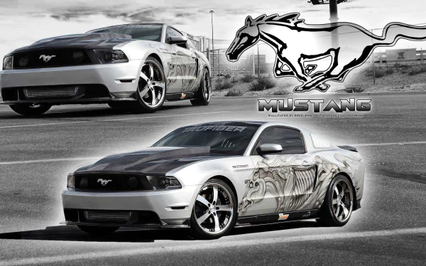 HD wallpaper shows two tuned Ford Mustangs with custom paintwork. One car is prominently displayed in the foreground, and one in the background. A large Mustang logo is featured at the top right.
