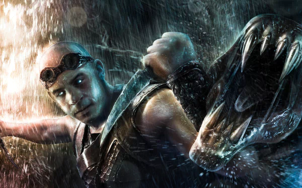 HD PC desktop wallpaper featuring Riddick from the movie The Chronicles of Riddick, showcasing the character in a rain-soaked, intense action scene.