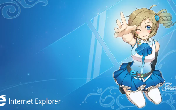 HD PC desktop wallpaper of Inori Aizawa (OS-tan) by zirong — anime girl in a blue sailor outfit reaching out over a stylized Internet Explorer–themed background.