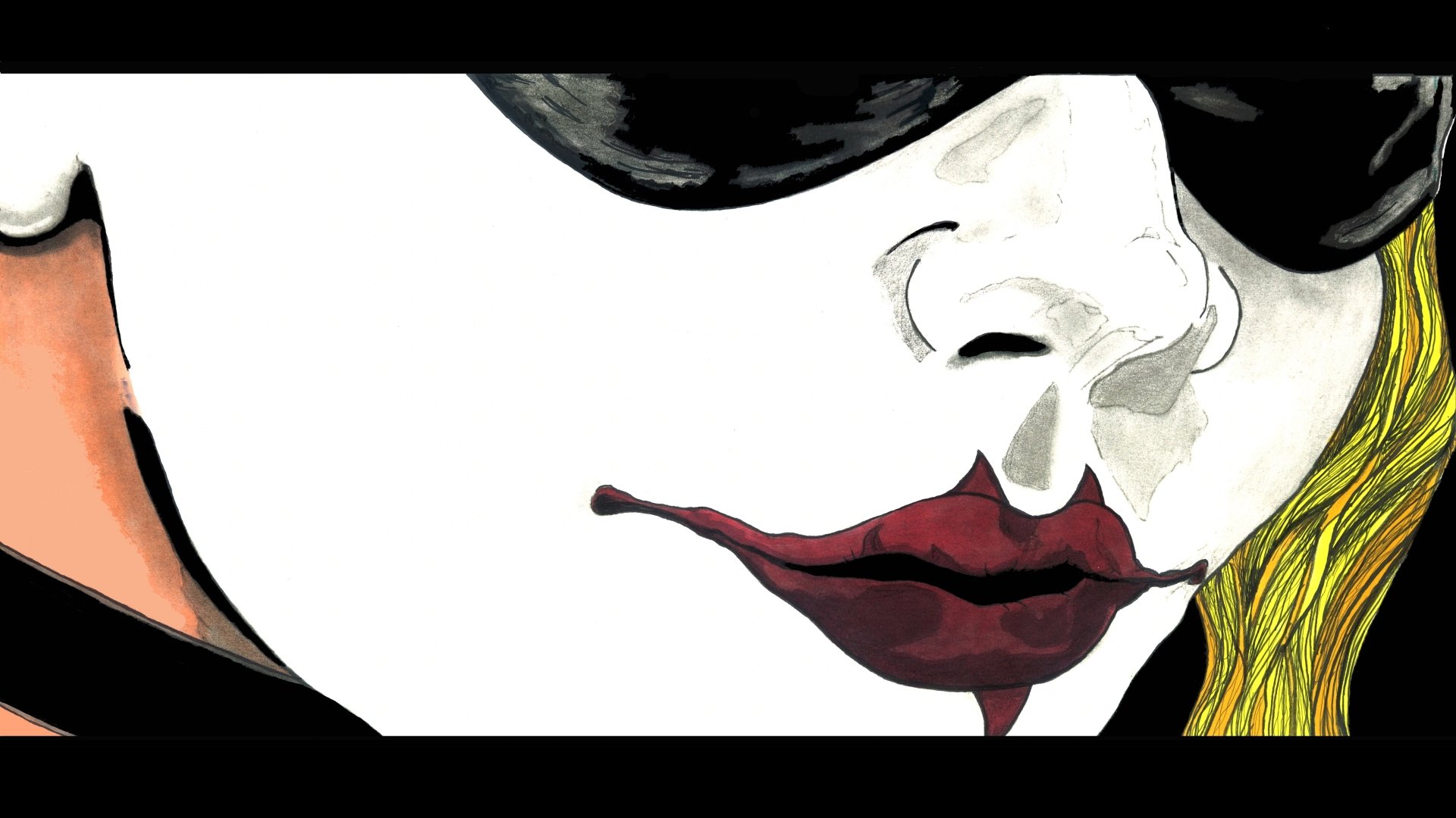 Comic-style 4K Ultra HD PC desktop wallpaper/background: close-up of Harley Quinn's painted face with dark glasses, bold red lips and smeared lipstick.