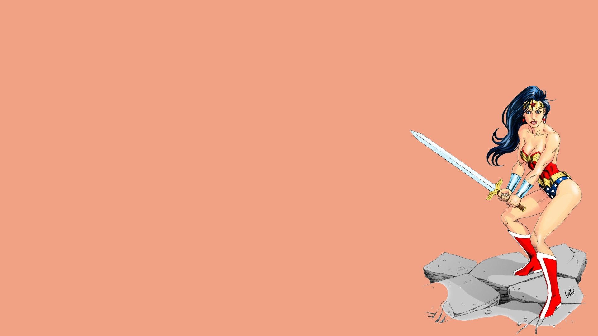 Comic-style Wonder Woman wielding a glowing sword, standing on shattered rocks against a solid peach background, designed as a 4K Ultra HD PC desktop wallpaper.