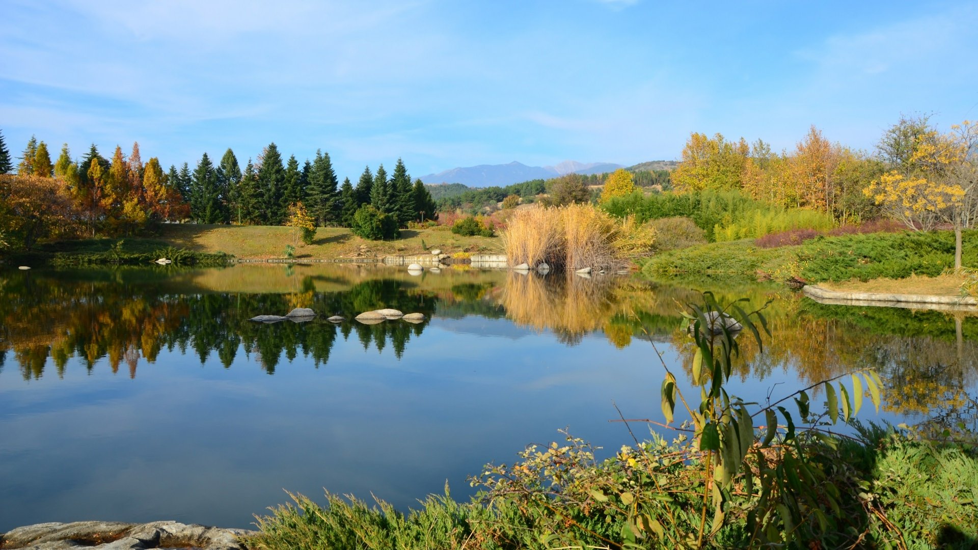 A serene lake surrounded by vibrant autumn foliage and lush greenery, reflecting the blue sky and distant mountains—a stunning 4K Ultra HD nature wallpaper for your desktop.