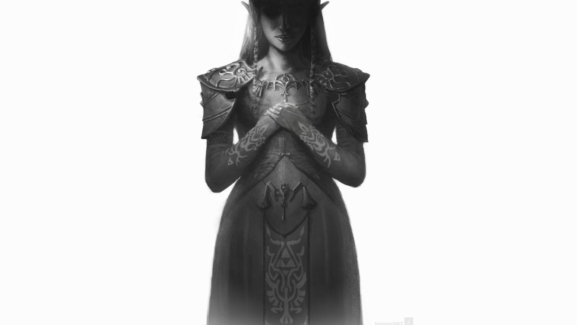 Black and white 8K Ultra HD PC desktop wallpaper of a mysterious, detailed female character from the video game The Legend of Zelda, standing with hands clasped.