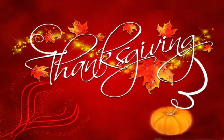 A vibrant Thanksgiving wallpaper featuring elegant typography, autumn leaves, and a pumpkin on a rich red background, celebrating the holiday spirit.
