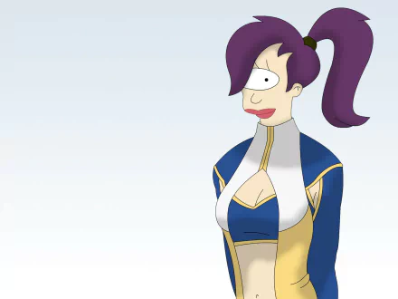 Leela from the TV show Futurama in a blue-and-gold outfit with purple ponytail, smiling cyclops profile on a pale minimalist background — HD PC desktop wallpaper/background.