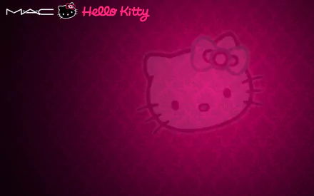 HD desktop wallpaper featuring a Hello Kitty graphic on a textured pink background, with the MAC and Hello Kitty logos visible.