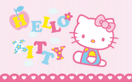 HD desktop wallpaper featuring Hello Kitty with colorful HELLO KITTY letters on a striped pink background.