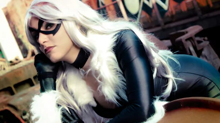 A woman in Black Cat (Marvel Comics) cosplay lies against a vibrant background, showcasing her sleek costume and dramatic makeup in this HD desktop wallpaper.