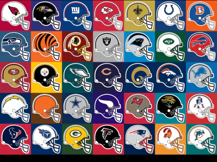 A colorful collage of various football team helmets, showcasing logos against vibrant backgrounds. This HD PC desktop wallpaper celebrates sportsmanship and team pride.