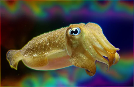 HD desktop wallpaper featuring a close-up of a cuttlefish with vibrant colors and detailed texture against a blurred, multicolored background.
