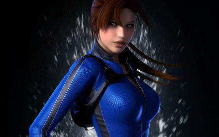 A dynamic HD wallpaper featuring Lara Croft from the video game Tomb Raider, showcasing her in a striking blue outfit against a dramatic backdrop.