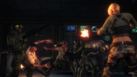 4K Ultra HD PC desktop wallpaper from Resident Evil: Operation Raccoon City showing soldiers and survivors trading gunfire with armored, mutated creatures in a dark industrial corridor.