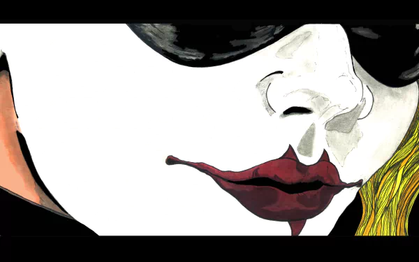 Comic-style 4K Ultra HD PC desktop wallpaper/background: close-up of Harley Quinn's painted face with dark glasses, bold red lips and smeared lipstick.