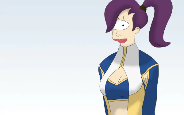 Leela from the TV show Futurama in a blue-and-gold outfit with purple ponytail, smiling cyclops profile on a pale minimalist background — HD PC desktop wallpaper/background.