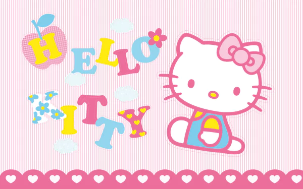 HD desktop wallpaper featuring Hello Kitty with colorful HELLO KITTY letters on a striped pink background.