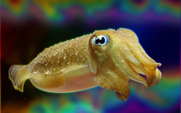 HD desktop wallpaper featuring a close-up of a cuttlefish with vibrant colors and detailed texture against a blurred, multicolored background.