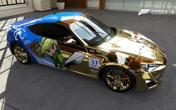 HD PC desktop wallpaper featuring a gold and blue sports car from the video game Forza Motorsport 5 with a detailed animated character design on the side.