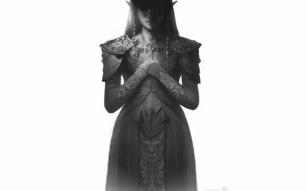 Black and white 8K Ultra HD PC desktop wallpaper of a mysterious, detailed female character from the video game The Legend of Zelda, standing with hands clasped.