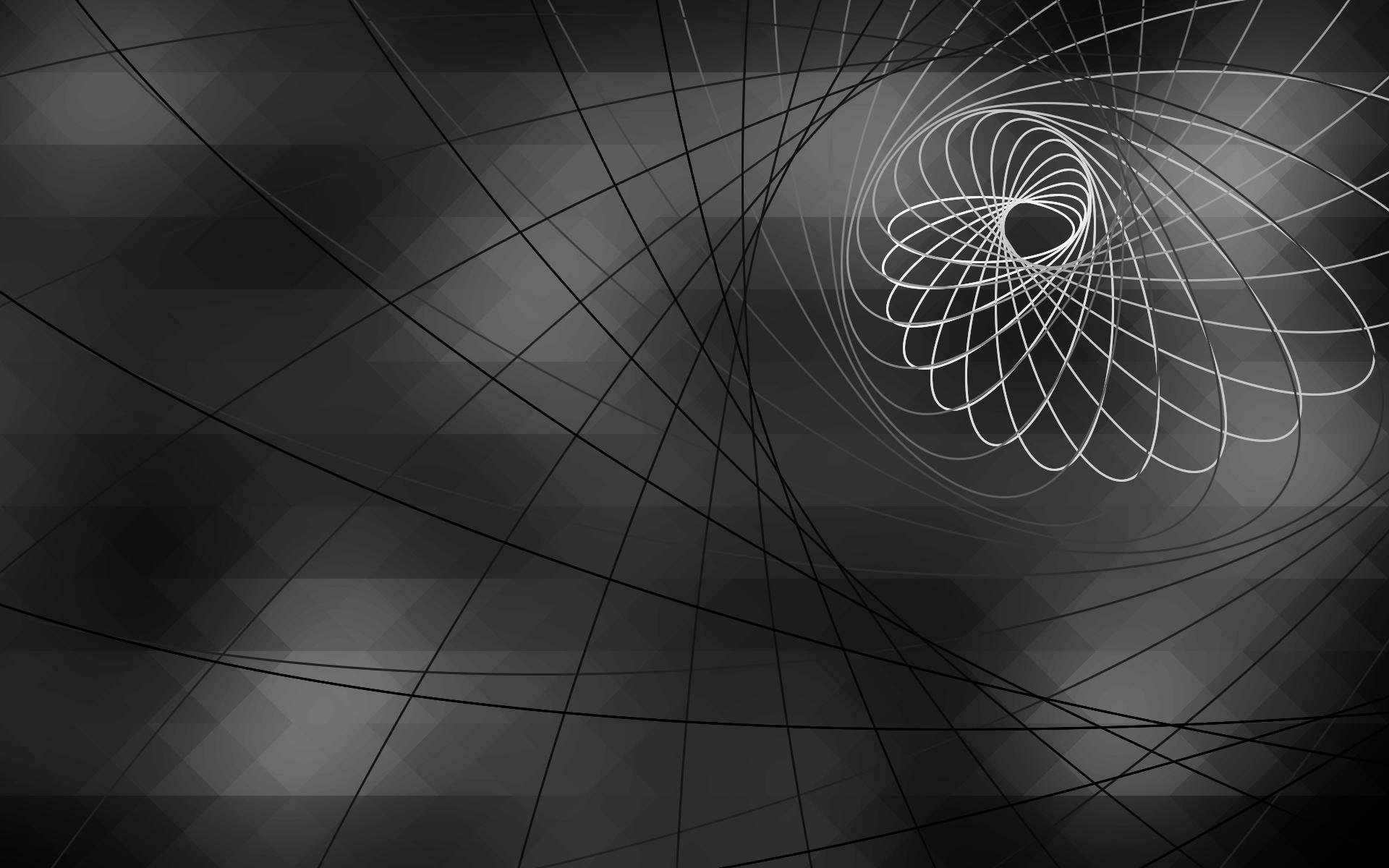 Grayscale abstract HD PC desktop wallpaper with overlapping curved and straight lines forming a spiral mesh over a textured, smoky background.