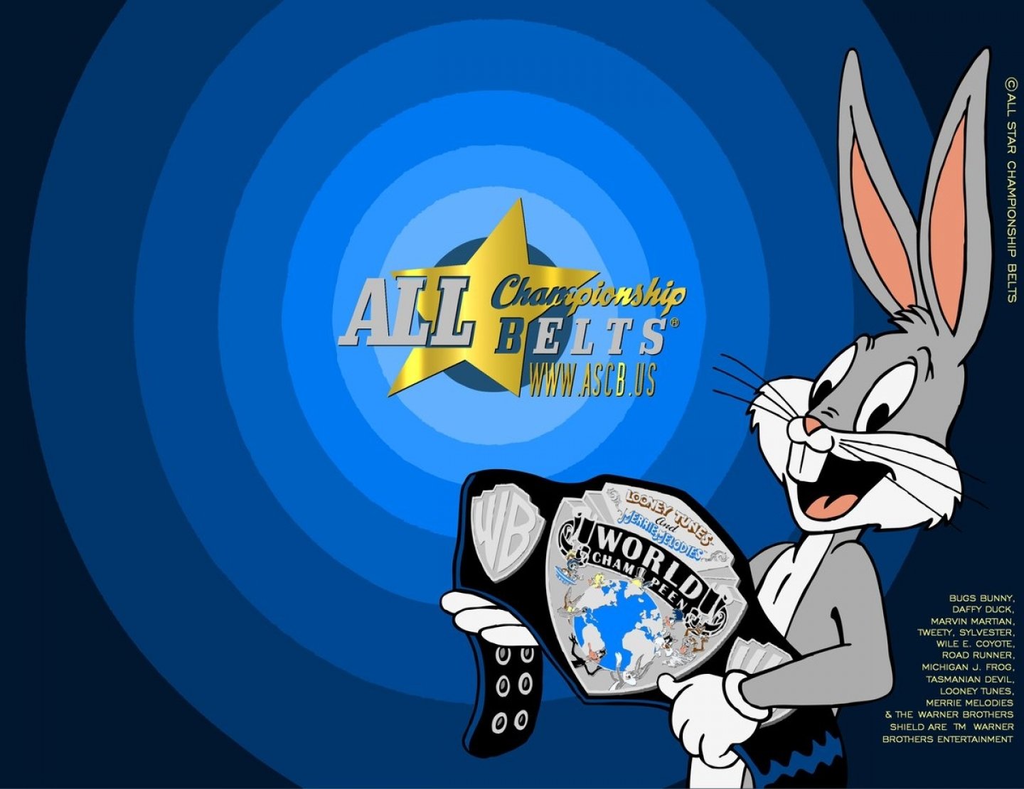 HD PC desktop wallpaper featuring Bugs Bunny from the Looney Tunes TV show holding championship belts against a blue concentric circle background.