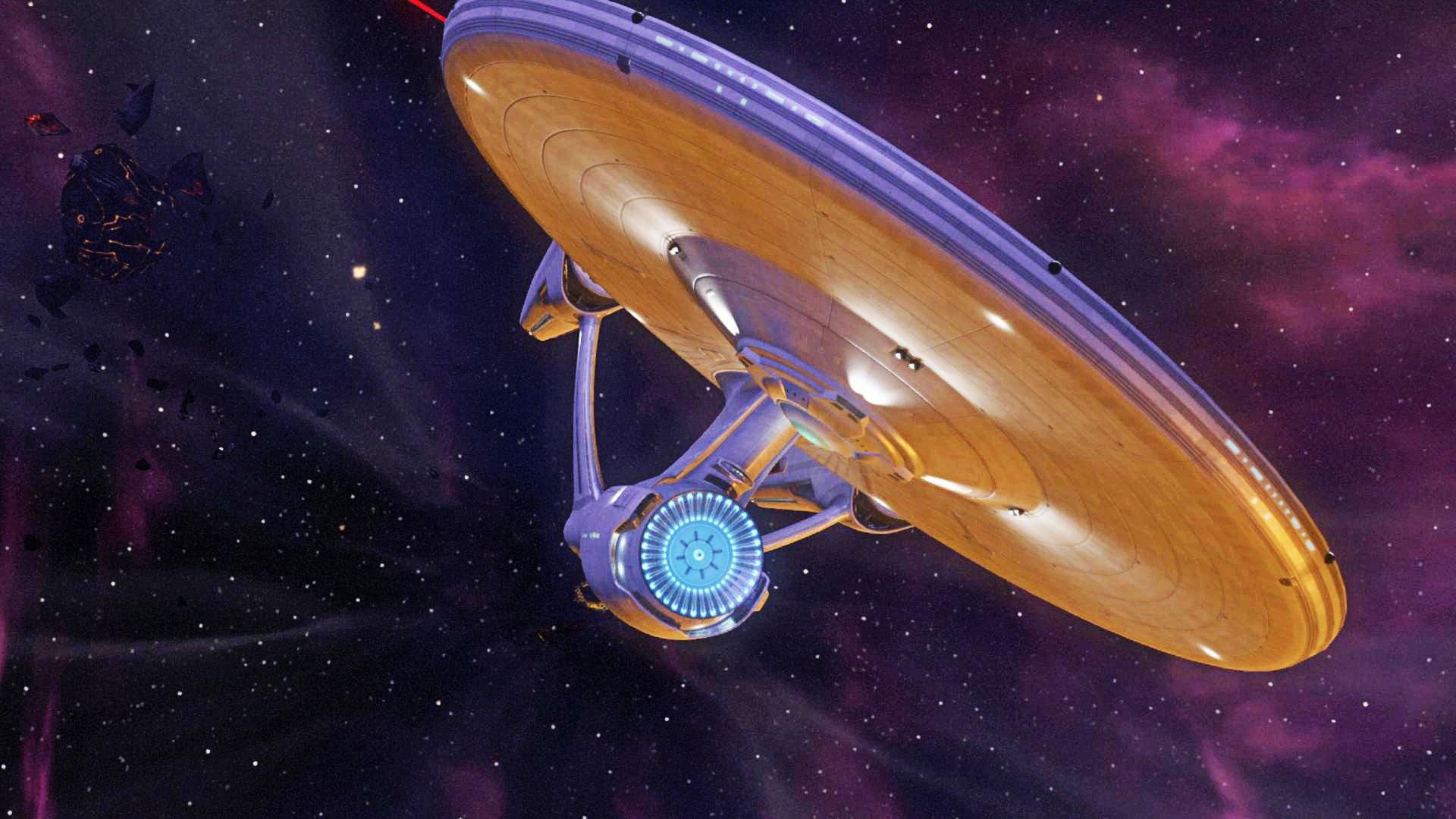 8K Ultra HD Sci-Fi Star Trek wallpaper featuring the iconic starship Enterprise gliding through a vibrant cosmic nebula background.