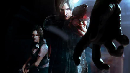 HD PC desktop wallpaper featuring characters from the video game Resident Evil 6 in a tense, dark atmosphere with a focus on a character aiming a gun.