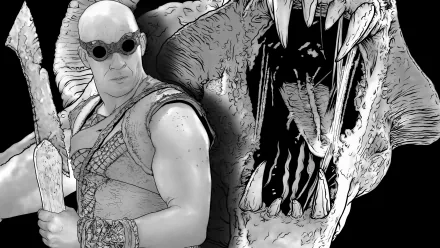 Black-and-white 4K Ultra HD wallpaper featuring Vin Diesel as Riddick, holding a weapon beside a fierce, snarling creature from the movie Pitch Black.