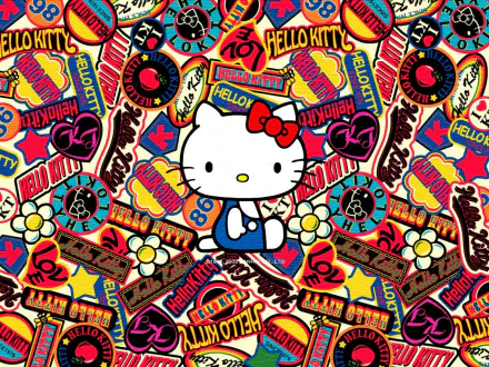 An HD desktop wallpaper featuring Hello Kitty surrounded by vibrant stickers and colorful patterns, capturing the playful essence of anime art.
