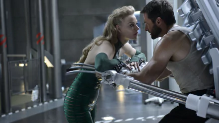 Hugh Jackman and Svetlana Khodchenkova as Wolverine and Viper in a dramatic scene from the movie The Wolverine, presented in a striking 4K Ultra HD wallpaper.