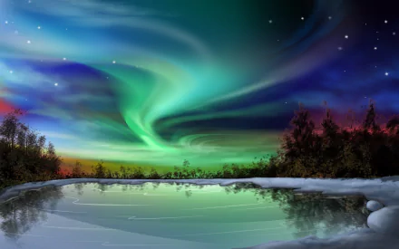 HD desktop wallpaper depicting the mesmerizing Aurora Borealis over a serene snowy landscape and a reflective icy pond, under a starlit sky.