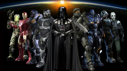 HD PC desktop wallpaper collage featuring Iron Man, Darth Vader, and various video game characters standing together against a dark background.