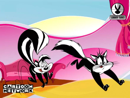 HD desktop wallpaper featuring Pepé Le Pew and a cat in a colorful Looney Tunes TV show scene.