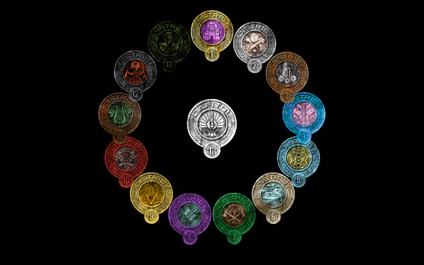 A vibrant collection of medals from The Hunger Games: Catching Fire, arranged in a circular pattern on a dark background, serving as an HD desktop wallpaper and background.