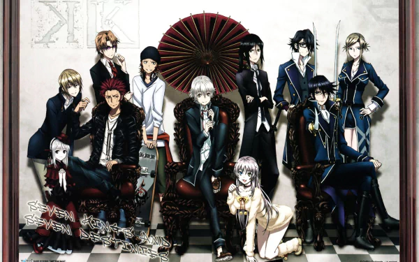 This HD wallpaper features characters from the anime K Project, including Kuroh Yatogami, Misaki Yata, Mikoto Suoh, and others, set against a striking backdrop.