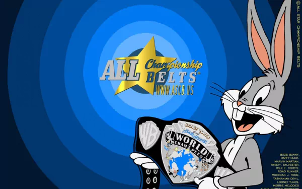HD PC desktop wallpaper featuring Bugs Bunny from the Looney Tunes TV show holding championship belts against a blue concentric circle background.