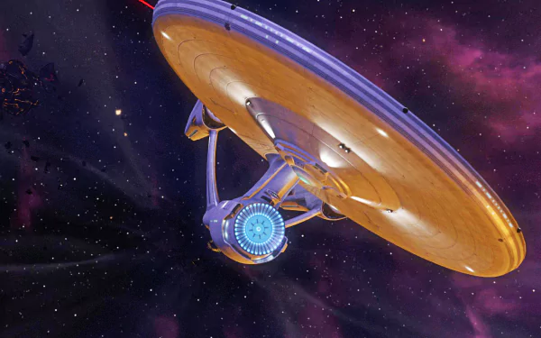 8K Ultra HD Sci-Fi Star Trek wallpaper featuring the iconic starship Enterprise gliding through a vibrant cosmic nebula background.